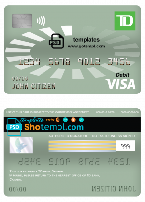 Canada TD bank visa debit card template in PSD format, fully editable