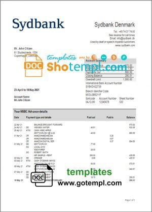 Denmark Sydbank bank statement template in Word and PDF format