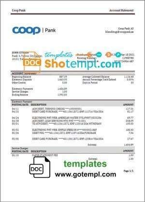 Estonia Coop Pank proof of address bank statement template in Word and PDF format