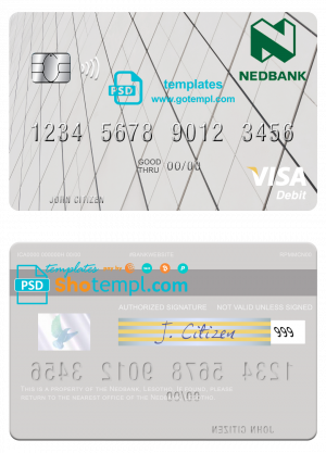 Lesotho Nedbank visa card fully editable template in PSD format