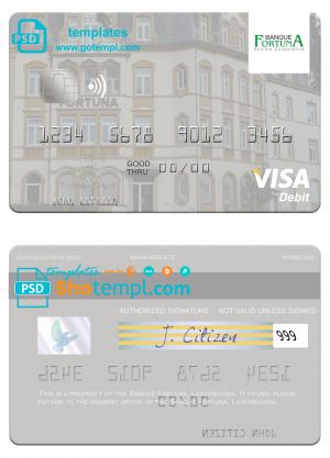 Luxembourg Banque Fortuna visa credit card template in PSD format