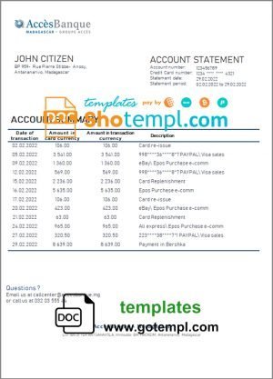 Madagascar Acces Banque bank statement template in Word and PDF format