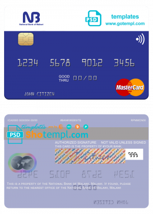 Malawi National Bank mastercard credit card template in PSD format