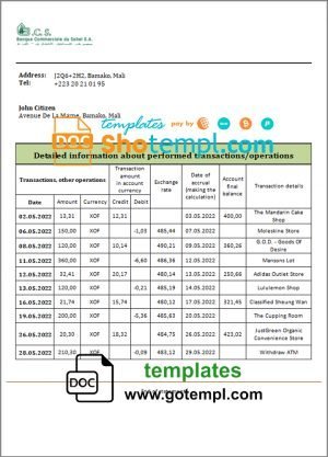 Mali Banque Commerciale du Sahel bank statement template in Word and PDF format, .doc and .pdf format