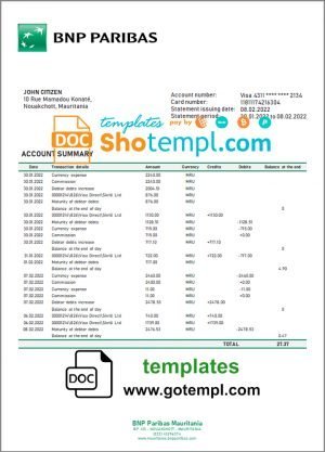 Mauritania BNP Paribas bank statement template in Word and PDF format