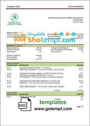 Mauritania Chinguitty bank statement template in Word and PDF format