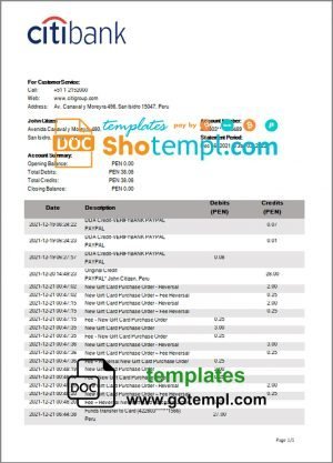 Peru Citibank bank statement template in Word and PDF format
