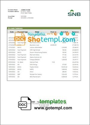 Saudi Arabia SNB bank statement template in Word and PDF format