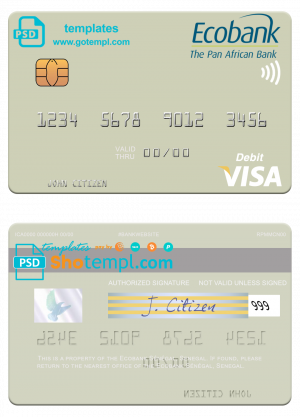 Senegal Ecobank Sénégal visa debit card template in PSD format