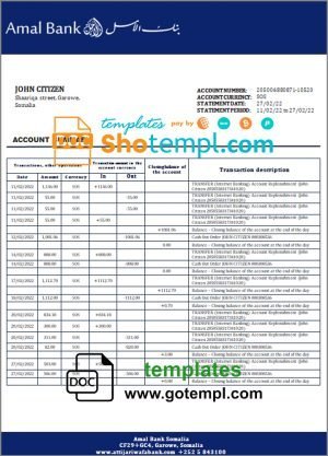 Somalia Amal bank statement template in Word and PDF format