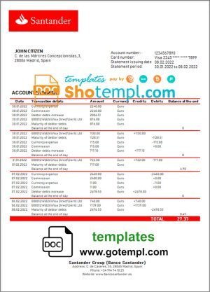 Spain Santander  bank statement template in Word and PDF format, version 2