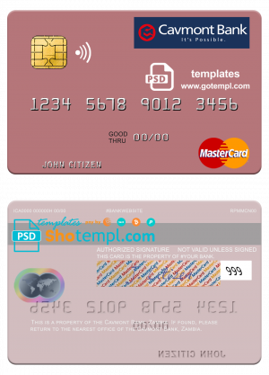 Zambia Cavmont Bank mastercard credit card template in PSD format
