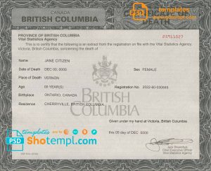 Canada British Columbia death certificate template in PSD format