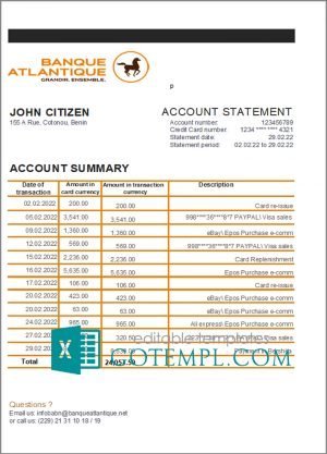 Benin Banque Atlantique bank statement template in Excel and PDF format