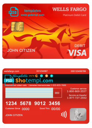USA Wells Fargo bank visa debit card template in PSD format, version 2