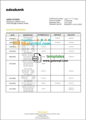 Turkey Odeabank bank statement template in .doc and .pdf format