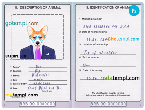 free Barbados dog (animal, pet) passport PSD template, fully editable