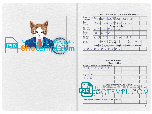 free Belarus cat (animal, pet) passport template in PSD, fully editable