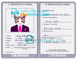 free Botswana cat (animal, pet) passport PSD template, fully editable