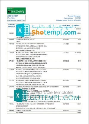 Burkina Faso Bank of Africa bank statement Excel and PDF template, fully editable (AutoSum)