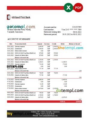 Cameroon Afriland First bank statement Excel and PDF template (AutoSum)