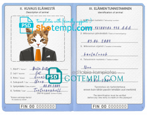 free Finland cat (animal, pet) passport PSD template, completely editable