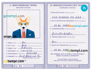 free Germany dog (animal, pet) passport PSD template, fully editable
