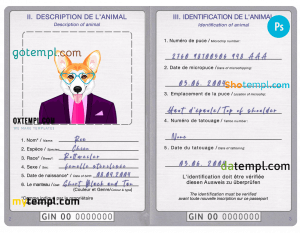 free Guinea dog (animal, pet) passport PSD template, fully editable