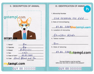free Guyana dog (animal, pet) passport PSD template, fully editable