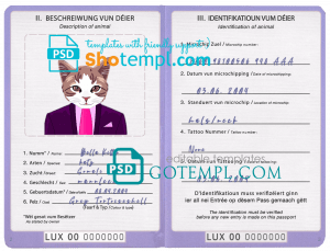 free Luxembourg cat (animal, pet) passport PSD template, fully editable