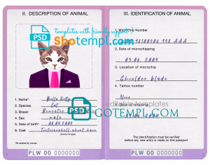 free Palau cat (animal, pet) passport PSD template, fully editable