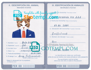 free Peru cat (animal, pet) passport PSD template, completely editable