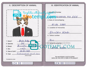 free Saint Lucia cat (animal, pet) passport PSD template, completely editable