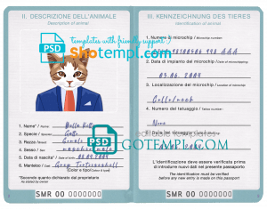 free San Marino cat (animal, pet) passport PSD template, fully editable