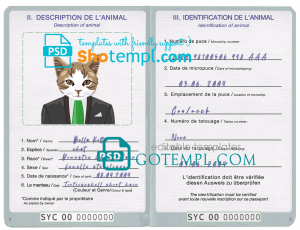 free Seychellas cat (animal, pet) passport PSD template, fully editable