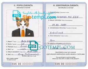 free Slovakia cat (animal, pet) passport PSD template, fully editable