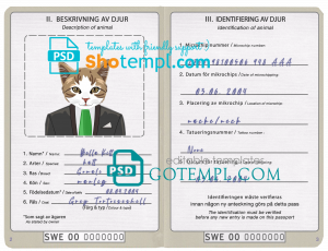 free Sweden cat (animal, pet) passport PSD template, completely editable