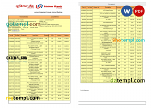 India Union Bank of India bank statement Word and PDF template, 2 pages