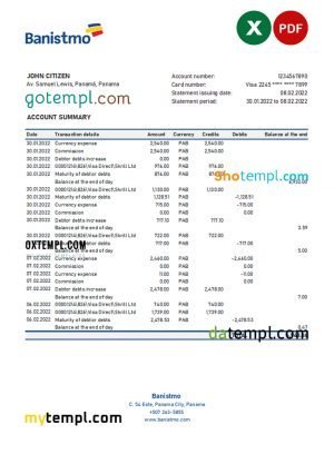Panama Banistmo bank statement Excel and PDF template