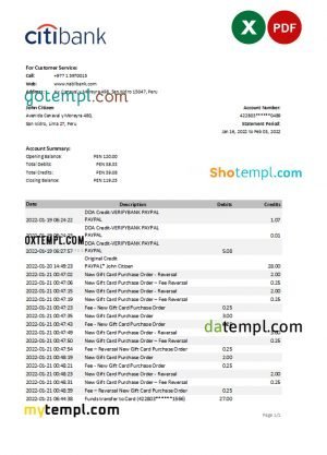 Peru Citibank bank statement Excel and PDF template