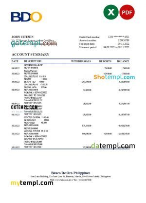 Philippines BDO bank statement Excel and PDF template