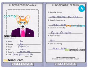 free Sierra Leone dog (animal, pet) passport PSD template, fully editable