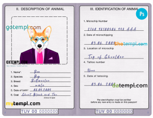 free Tuvalu dog (animal, pet) passport PSD template, completely editable