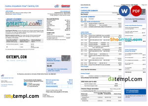 USA Costco Anywhere Visa Card by Citi bank statement, Word and PDF template, 4 pages