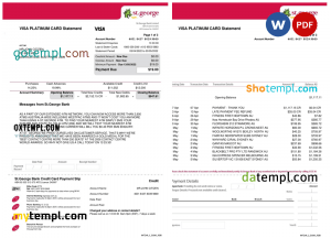 USA St. George bank visa card statement, Word and PDF template, 3 pages