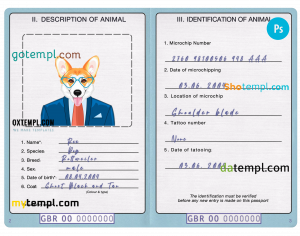 free United Kingdom dog (animal, pet) passport PSD template, fully editable