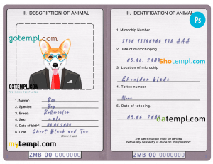 free Zambia dog (animal, pet) passport PSD template, fully editable