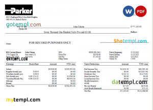USA Parker Hannifin engineering company pay stub Word and PDF template