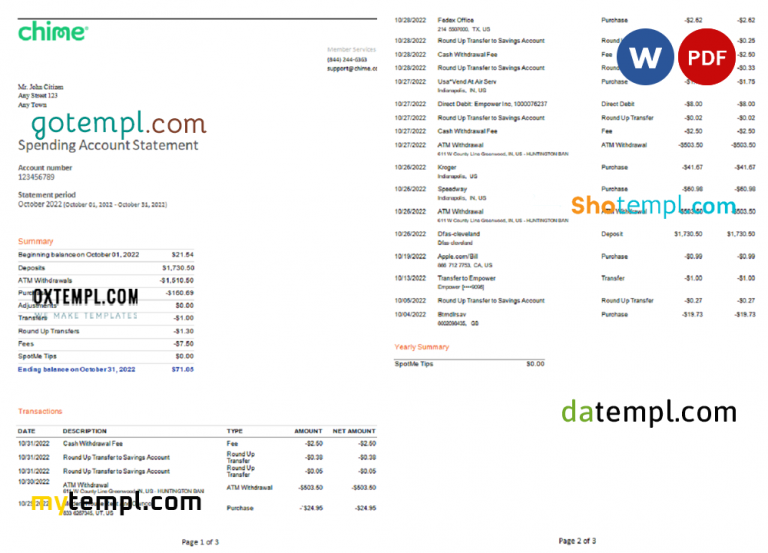 USA Chime bank statement, Word and PDF template, 3 pages GOTEMPL