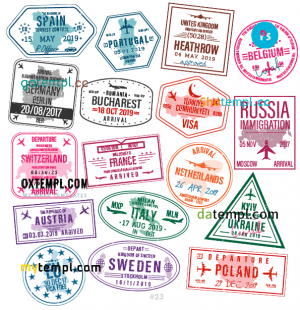 free Portugal Ukraine Poland travel stamp collection template of 17 PSD designs, with fonts
